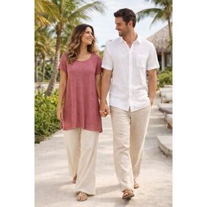 Eileen Fisher Organic Linen Knit Tunic Sweater Top Pink Size M